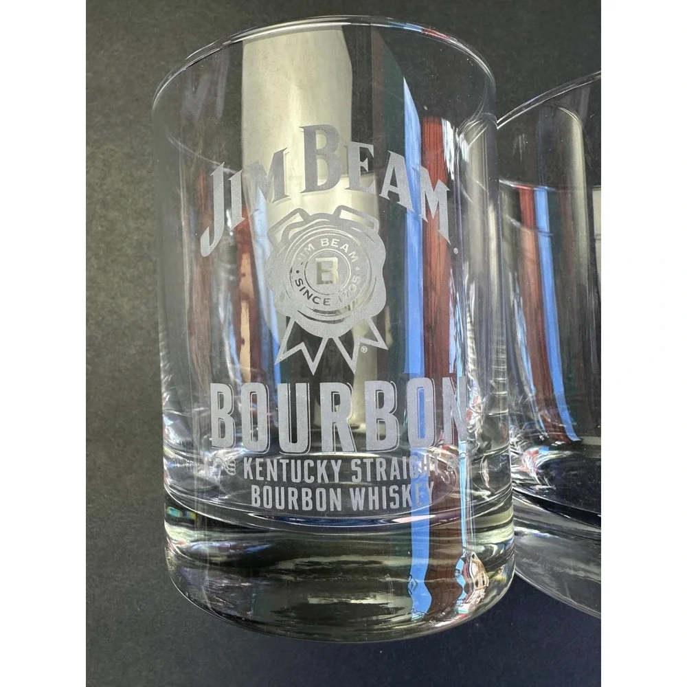 Set of 2 Vtg Jim Beam Bourbon Whiskey Logo Bar Glasses Tumblers Low Ball Rocks